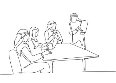 Genç Müslüman iş adamlarının sürekli çizdiği bir çizim, yabancı meslektaşlarının yeni iş planı sundu. İslami giyim Shemag, kandura, fular, keffiyeh. Tek çizgi çizimi tasarım vektör çizimi