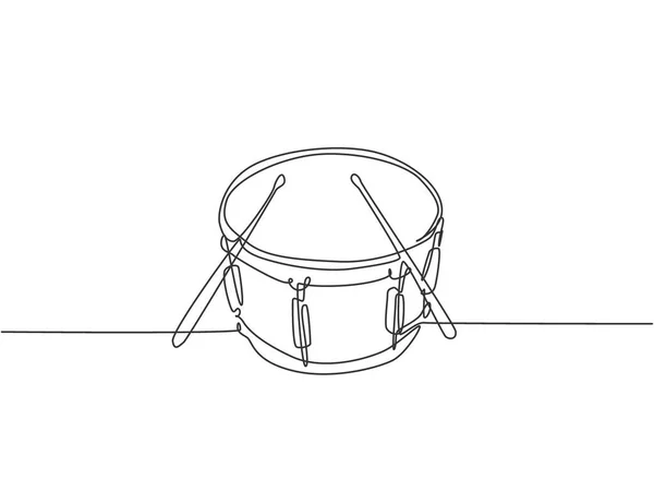 Eine Einzige Strichzeichnung Einer Kleinen Trommel Mit Trommelstöcken Percussion Musikinstrumente — Stockvektor