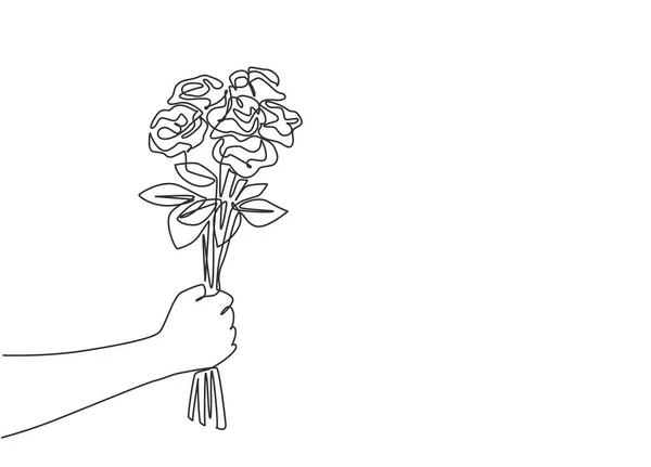 Dessin Ligne Continue Beau Bouquet Fleurs Rose Romantique Frais Carte — Image vectorielle