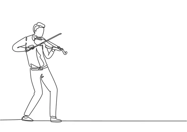 Uma Única Linha Desenho Jovem Violinista Masculino Feliz Apresentando Para —  Vetores de Stock