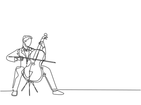 Jedna Jednořádková Kresba Mladého Šťastného Violoncellisty Hrající Violoncello Koncertě Klasického — Stockový vektor