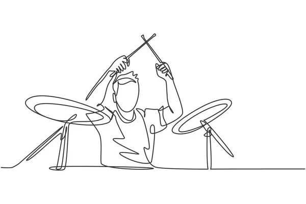 Single Continue Lijn Tekening Van Jonge Gelukkige Mannelijke Drummer Optreden — Stockvector