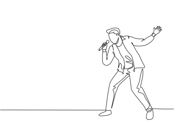 Jednoduchá Kontinuální Kresba Mladého Veselého Popového Zpěváka Držícího Mikrofon Zpívajícího — Stockový vektor