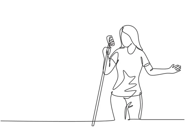 一张年轻快乐女歌手手持话筒在音乐会上演唱的单行画 音乐家艺术家表演概念连续线条画出平面设计矢量图解 — 图库矢量图片