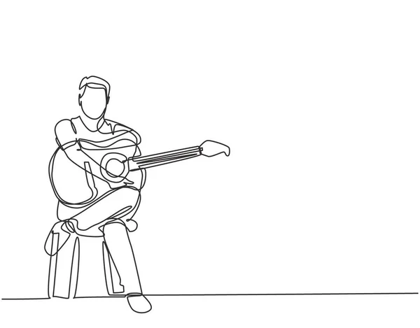 Однорядковий Безперервний Малюнок Молодого Щасливого Гітариста Який Сидить Після Гри — стоковий вектор