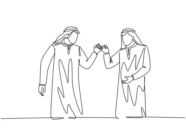 Μια Γραμμή Ζωγραφίζει Νέους Χαρούμενους Μουσουλμάνους Εργάτες Χτυπούν Χέρια Τους — Διανυσματικό Αρχείο