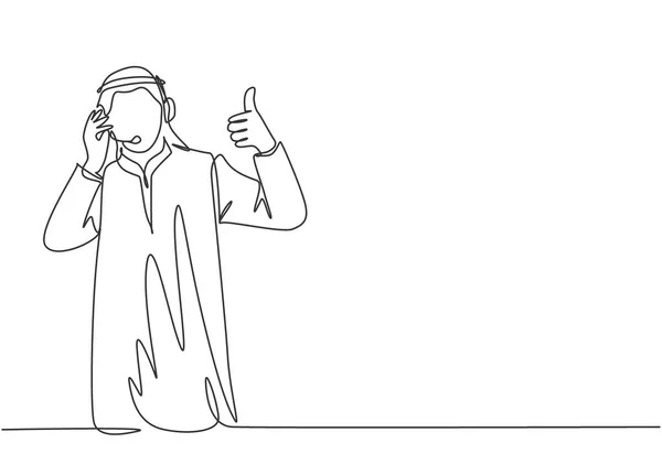 One continuous line drawing of young muslim customer care service give thumbs up gestures, call center. Islamic clothing shemag, kandura, scarf, keffiyeh. Single line draw design vector illustration