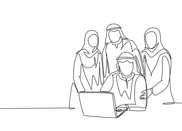 若手ムスリムスタートアップチームメンバーの一本一本の線画がしっかりとポーズをとっています サウジアラビアの布のショーグ カンドラ スカーフ Thobe Ghutra 連続線画ベクトル図 — ストックベクタ