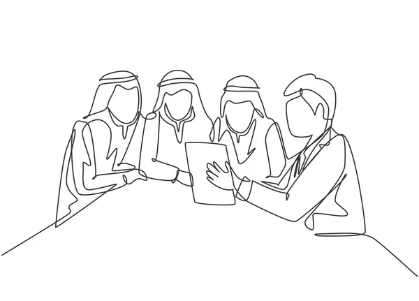 若い幸せなイスラム教徒のビジネスマンや同僚のビジネスを議論の一つの線画 サウジアラビアの布のShmg Kandora スカーフ Thobe 連続線画ベクトル図 — ストックベクタ