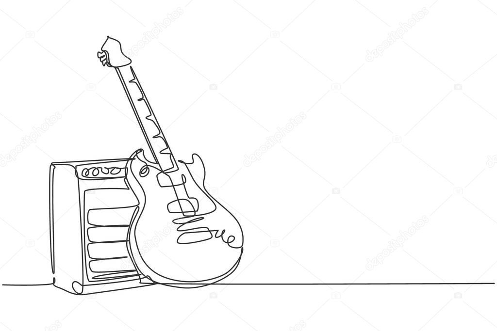 One single line drawing of electric guitar with amplifier. Stringed music instruments concept. Trendy continuous line draw graphic design vector illustration