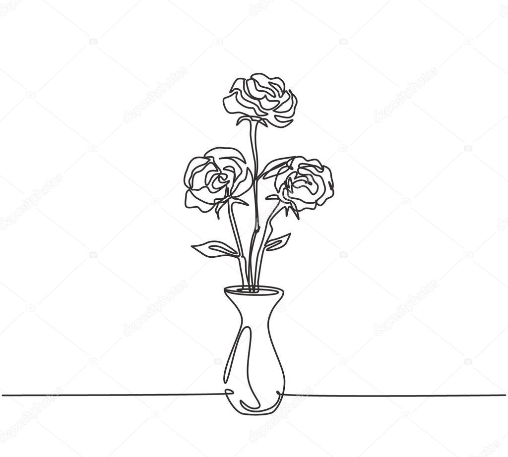 One continuous line drawing of fresh beautiful rose flower on porcelain vase. Modern greeting card, invitation, logo, banner, poster concept single line draw graphic design vector illustration