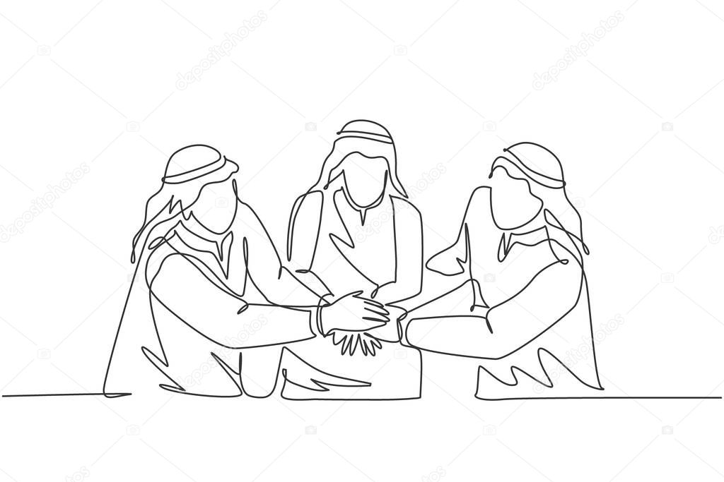 One Continuous Line Drawing Of Young Muslim Marketing Manager Deal A Project Together Saudi Arabian Businessmen With Kandura Scarf Keffiyeh Clothing Single Line Draw Design Vector Illustration Premium Vector In Adobe