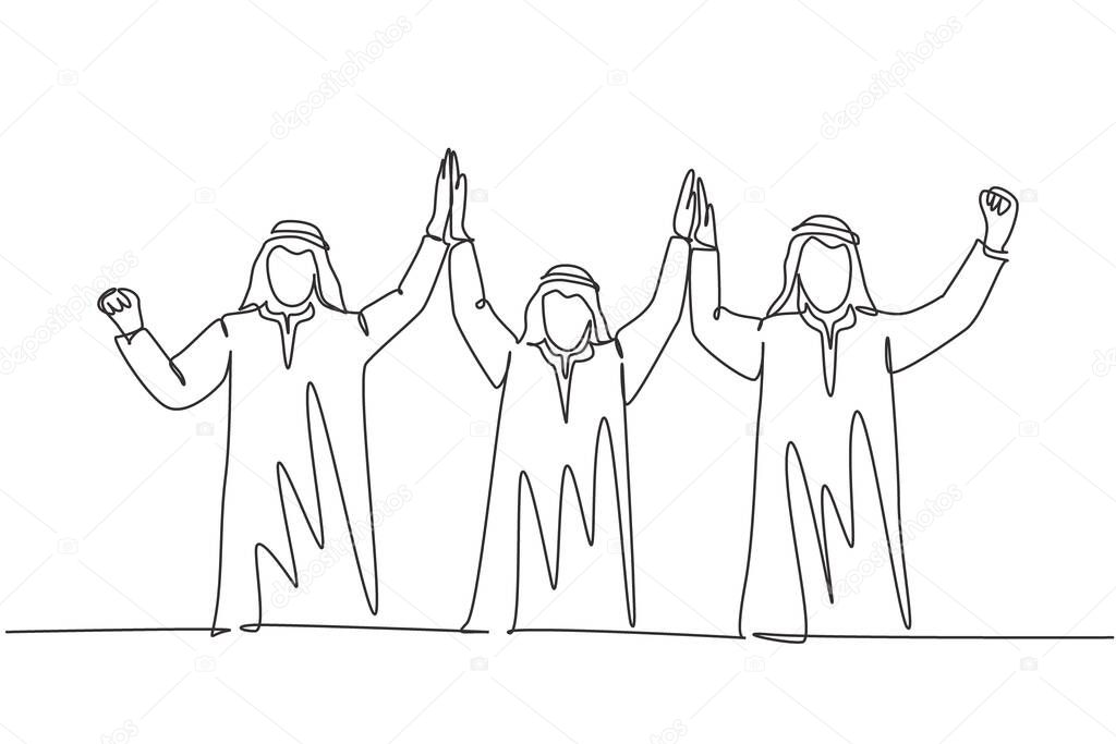 One single line drawing of young muslim marketing team raise hand together. Saudi Arabian businessmen with shmag, kandora, headscarf, thobe, ghutra. Continuous line draw design vector illustration