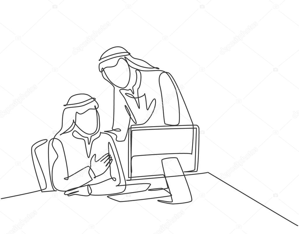 One continuous line drawing of young muslim startup team member discussing company business strategy together. Islamic clothing kandura, scarf, keffiyeh. Single line draw design vector illustration