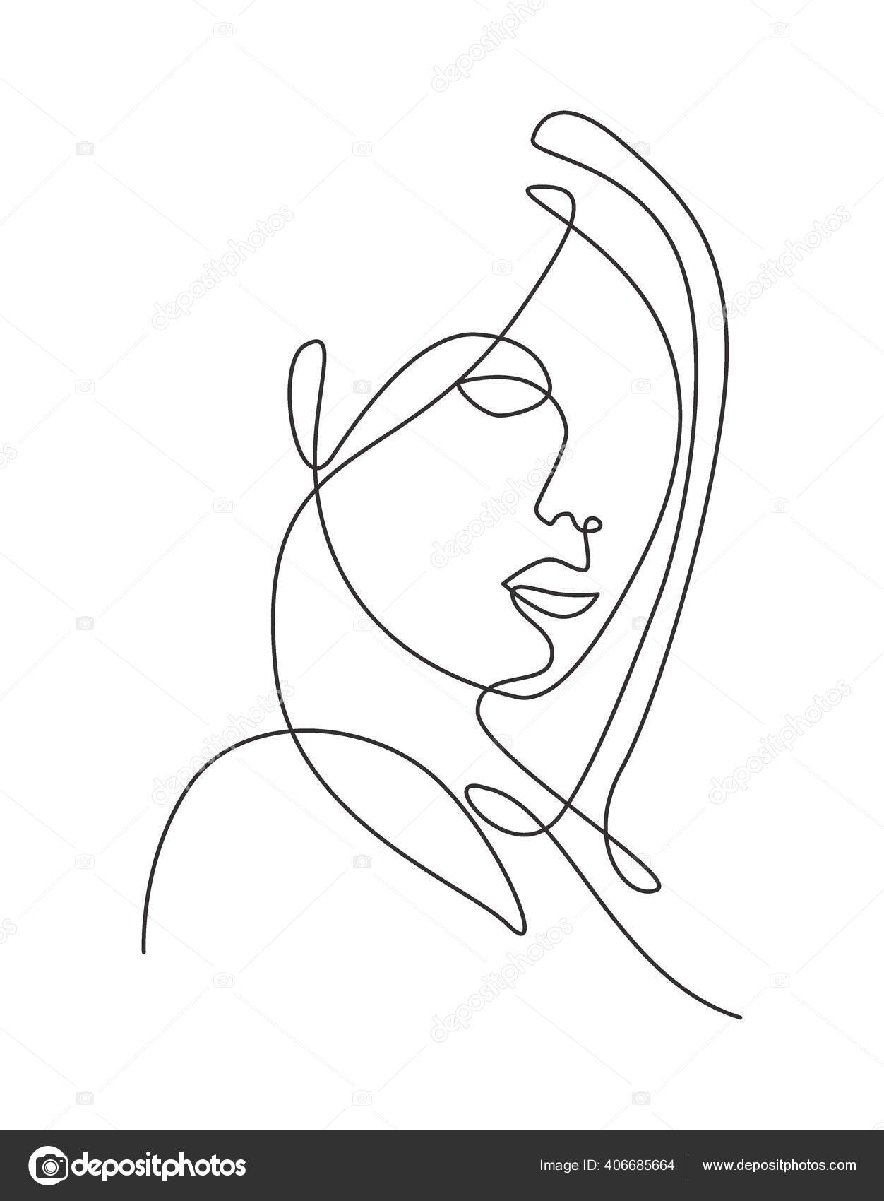 uma única linha desenho rosto abstrato de beleza de mulher, penteado,  ilustração vetorial de moda. conceito