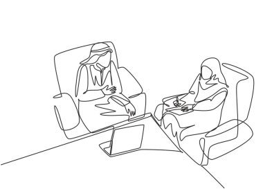 Genç Müslüman iş adamı ve iş kadınının iş projesini tartışırken sürekli çizdiği tek çizgi. Arap Ortadoğu kumaşı, cübbe, vektör. Bir çizim tasarımı vektör illüstrasyonu