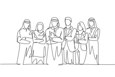 One continuous line drawing group of young muslim and multi ethnic businesspeople line up neatly. Islamic clothing shemag, kandura, scarf, hijab and suit. Single line draw design vector illustration clipart