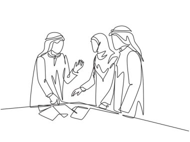 Genç Müslüman girişimcinin takım üyesiyle iş teklifini tartışırken sürekli çizdiği tek çizgi. Arap Ortadoğu kumaşı kandura, erik, bornoz, tesettür. Bir çizim tasarımı vektör illüstrasyonu