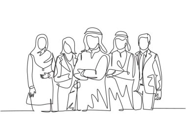 Genç Müslüman ve çok ırklı yöneticilerden oluşan aralıksız bir grup bir arada duruyor. İslami giyim Shemag, kandura, eşarp, başörtüsü, peçe. Tek çizgi çizimi tasarım vektör çizimi