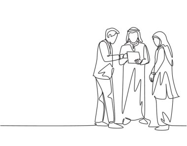 Genç Müslüman iş adamının iş anlaşmasını tartışırken çizdiği tek bir çizgi. Suudi Arabistan kumaşı shmag, kandora, türban, tobe, tesettür. Devamlı çizgi çizimi tasarım vektörü illüstrasyonu