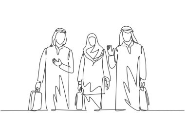 Genç erkek ve kadın Müslüman yöneticilerin sürekli çizdiği bir çizim, iş arkadaşlarıyla bir iş gezisi yapıyor. İslami giyim Shemag, kandura, tesettür, keffiyeh. Tek çizgi çizimi tasarım vektör çizimi