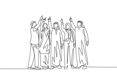 Genç erkek ve kadın müslüman yöneticilerin sürekli çizdiği tek çizgi gökyüzünü işaret ediyor. Arap Ortadoğu kumaşı shmagh, kandura, tesettüre, bornoz. Bir çizgi çizimi tasarım vektörü illüstrasyonu