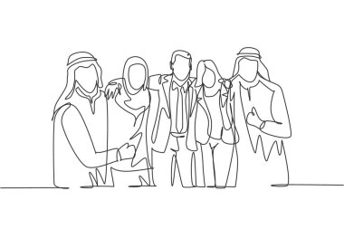 Genç erkek ve kadın müslüman iş adamlarının birbirini kucakladığı kesintisiz bir çizgi. İslami giyim Shemag, türban, eşarp, keffiyeh. Tek çizgi çizimi tasarım vektör çizimi