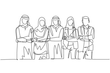 Genç, mutlu erkek ve kadın müslüman menajerlerin el ele tutuşmalarının tek bir çizgisi. Suudi Arabistan kumaşı shmag, kandora, türban, thobe. Devamlı çizgi çizimi tasarım vektörü illüstrasyonu