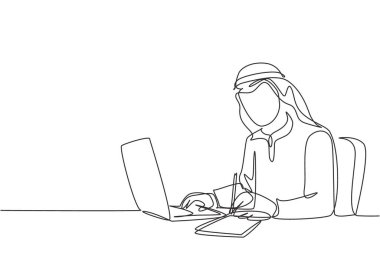 Genç, mutlu, Müslüman bir erkek işadamının iş sözleşmesi taslağı. Suudi Arabistan kumaşı shmag, türban, thobe, ghutra. Devamlı çizgi çizimi tasarım vektörü illüstrasyonu