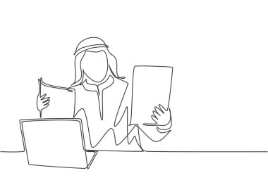 Genç Müslüman erkek işadamının iş arkadaşından sözleşme imzalarken sürekli çizdiği tek çizgi. Arap Ortadoğu kumaşı shmagh, kandura, talaş, bornoz. Bir çizgi çizimi tasarım vektörü illüstrasyonu