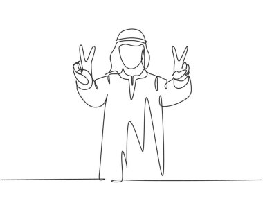 Genç Müslüman erkek çalışanın barış ya da zafer eli hareketi yaptığı bir çizgi. İslami giyim Shemag, kandura, fular, keffiyeh. Tek çizgi çizimi tasarım vektör çizimi