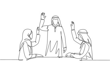 Genç erkek ve kadın müslüman şirket kurucularının yeni şirket lideri seçmek için oy kullandıkları tek çizgi. Arap Ortadoğu kumaşı kandura, tesettüre, bornoza. Bir çizgi çizimi tasarım vektörü illüstrasyonu