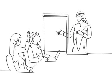 Genç erkek ve kadın müslüman iş adamlarının iş koçluğuna katıldığı tek sıra. Arap Ortadoğu kumaşı, başörtüsü, çelenk, cübbe. Bir çizgi çizimi tasarım vektörü illüstrasyonu