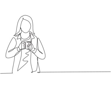 Ofis molası verirken işini bitirmeyi düşünen genç bayan çalışanın sürekli çizdiği bir çizgi. Kahve ya da çay konsepti içmek tek çizgi vektör grafik tasarım illüstrasyonudur