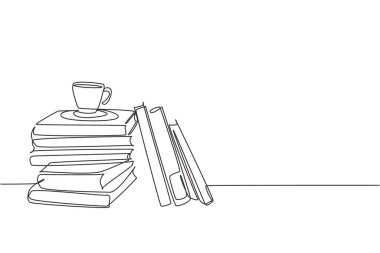 Bir sıra kitap yığını ve ofis masasında bir fincan kahve. Kitap yığını konseptiyle birlikte çalışma masası. Tek çizgi çizimi tasarım illüstrasyonu