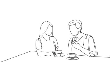 Genç ve mutlu erkek ve kadın çiftin romantik randevuları ve kafeteryada yemek yedikleri tek sıra çizimi. Evlilik hayatı konsepti. Bir çizgi çizimi tasarım vektörü grafik çizimi
