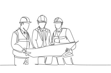 Genç inşaat koordinatörünün sürekli çizdiği bir çizim takım üyesine inşaat tasarımı planını anlatıyor. Mimarlık sektörü konsepti. Tek çizgi tasarım grafik illüstrasyonu