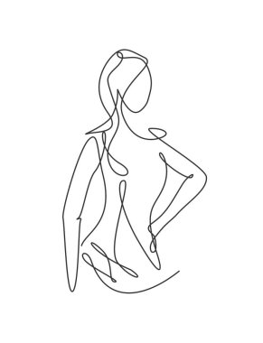 Güzel bir kadının sürekli çizdiği bir çizgi. Kadın yüzü. Soyut portre baskısı. Modern minimalizm kadın silueti sanat konsepti. Dinamik tek çizgi grafik tasarım vektörü illüstrasyonu