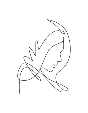 Tek bir çizim kadın güzelliği soyut yüz, saç stili, moda vektörü çizimi. Tişört baskısı için oldukça seksi minimalist kadınsı bir konsept. Modern sürekli çizgi çizimi grafik tasarımı