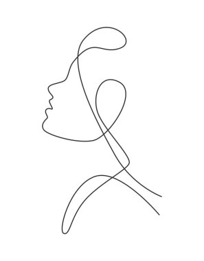 Seksi, güzel, soyut, minimalist bir yüz çizen bir çizgi. Tişört, kozmetik, çanta baskısı için kadın moda konsepti. Dinamik tek çizgi tasarım grafik vektör çizimi