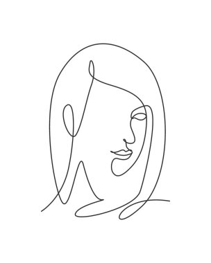 Seksi, güzel, soyut, minimalist bir yüz çizen bir çizgi. Tişört, kozmetik, çanta baskısı için kadın moda konsepti. Dinamik tek çizgi tasarım grafik vektör çizimi