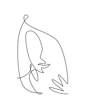 Tek bir çizim kadın güzelliği soyut yüz, saç stili, moda vektörü çizimi. Tişört baskısı için oldukça seksi minimalist kadınsı bir konsept. Modern sürekli çizgi çizimi grafik tasarımı
