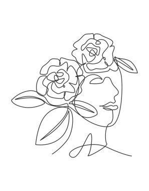 Doğal çiçek vektör illüstrasyonuyla soyut bir yüz çizen tek bir çizgi. Güzel kadın portresi. Duvar dekorasyonu için minimalist stil konsepti. Modern sürekli çizgi çizimi tasarımı