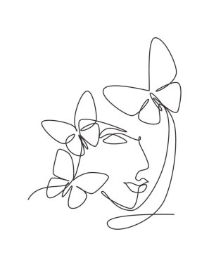 Kelebek çizgisi çizimi olan tek bir çizgili kadın çizimi. Kadın soyut yüz kelebeği botanik portresi minimalist baskı tarzı konsept. Modern sürekli çizgi çizimi grafik tasarımı