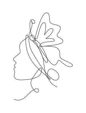Tek sıra halinde kelebek resimli güzel bir kadın çiziyor. Botanik, moda, tişört baskısı. Portre minimalist stil konsepti. Bir satır tasarım grafik vektör illüstrasyonu