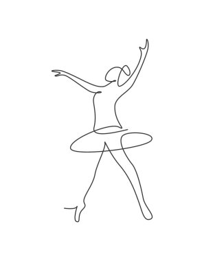 Güzellik dansçısının zarif hareketlerini gösteren kesintisiz bir çizgi. Seksi kız balerin sanat dansı konseptini icra ediyor. Duvar dekoru baskısı. Dinamik tek çizgi tasarım vektörü grafik çizimi
