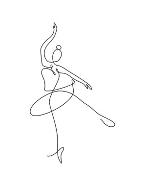 Seksi kadın balerin illüstrasyonu çizen tek bir çizgi. Minimalist, güzel balerin, dans hareketi konsepti. Duvar dekoru poster baskısı. Modern sürekli çizgi çizimi grafik tasarımı
