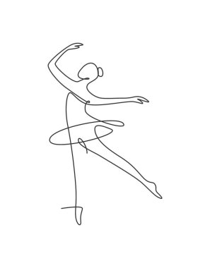 Seksi kadın balerin illüstrasyonu çizen tek bir çizgi. Minimalist, güzel balerin, dans hareketi konsepti. Duvar dekoru poster baskısı. Modern sürekli çizgi çizimi grafik tasarımı