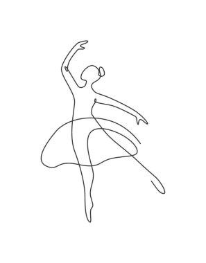 Güzellik dansçısının zarif hareketlerini gösteren kesintisiz bir çizgi. Minimalist seksi kız balerin dans konseptini icra ediyor. Duvar dekoru baskısı. Tek çizgi çizimi tasarım grafik vektör çizimi