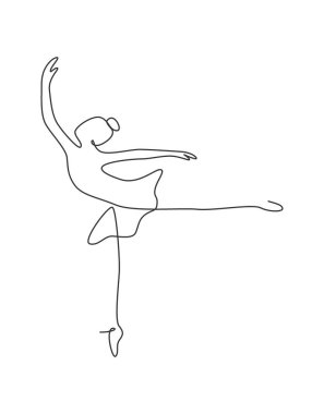 Güzellik dansçısının zarif hareketlerini gösteren kesintisiz bir çizgi. Minimalist seksi kız balerin dans konseptini icra ediyor. Duvar dekoru baskısı. Tek çizgi çizimi tasarım grafik vektör çizimi